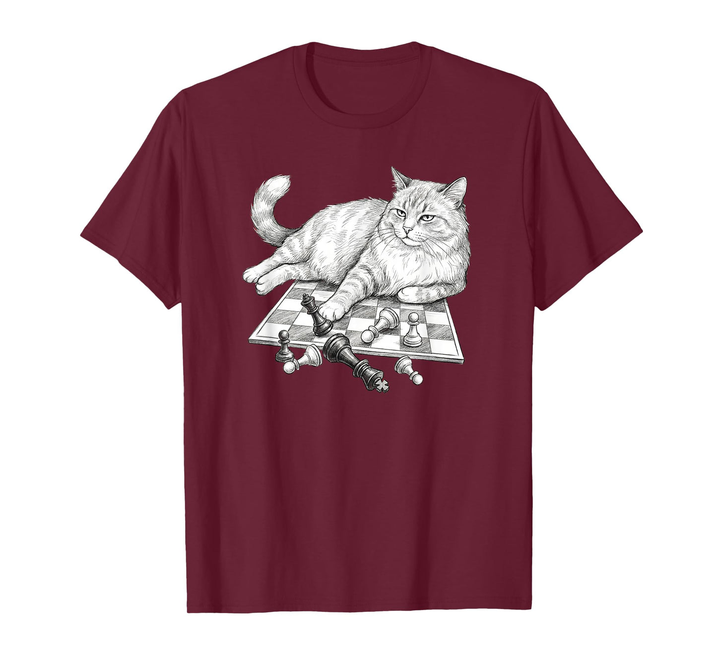 Funny Cat On Chessboard Knocking Over Pieces Chess Player T-Shirt