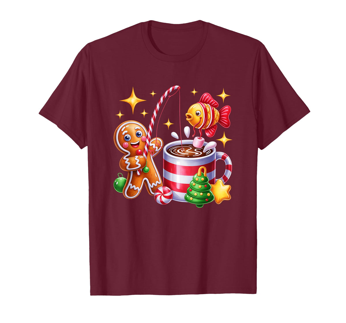 Gingerbread Fishing Candy Cane Cocoa Festive Fun T-Shirt