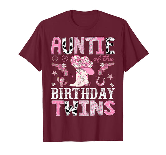 Auntie of The Birthday Twins Pink Rodeo Cowgirl Western T-Shirt