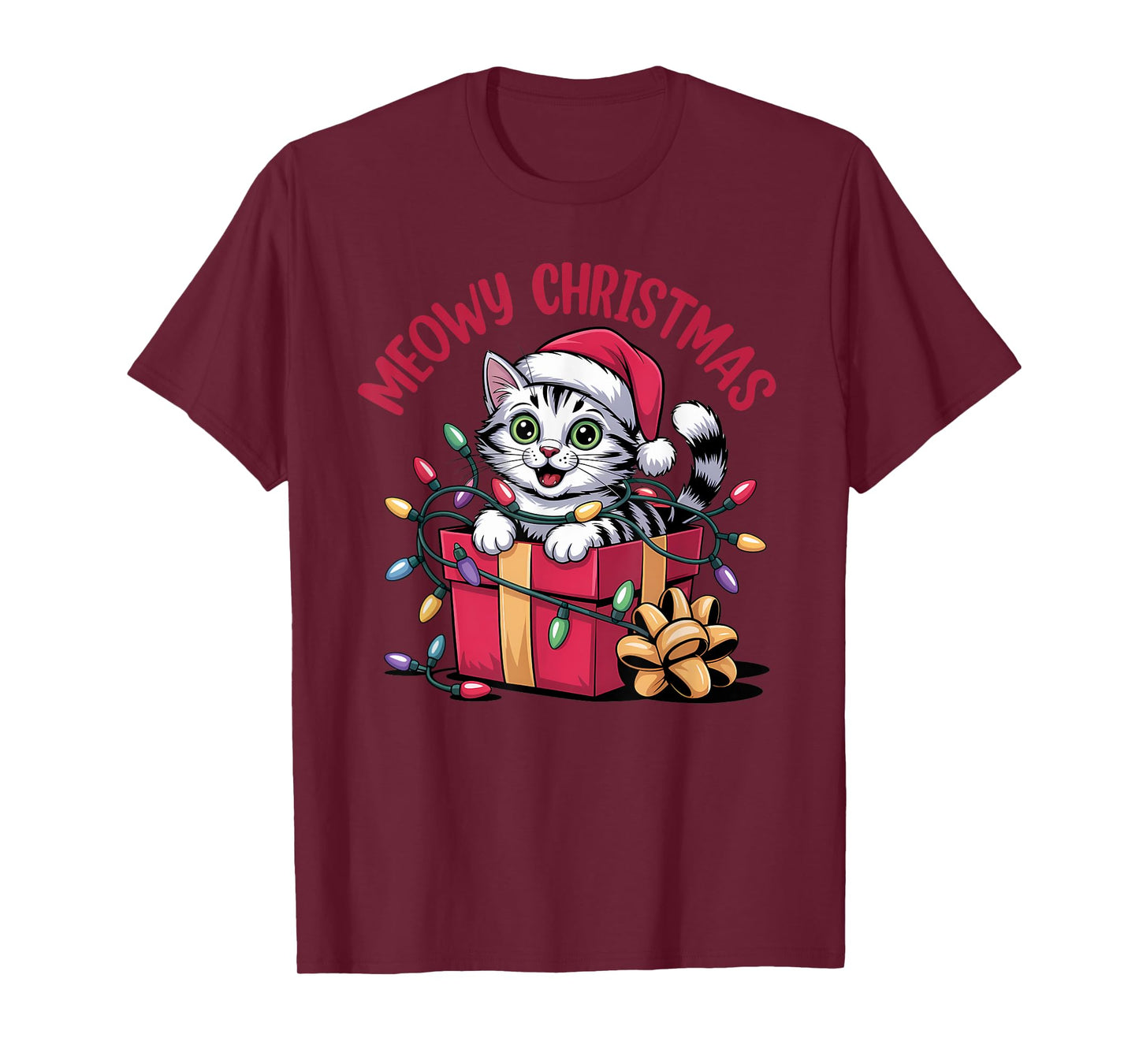 Meowy Christmas Funny Cat Tangled in Lights Xmas Family T-Shirt