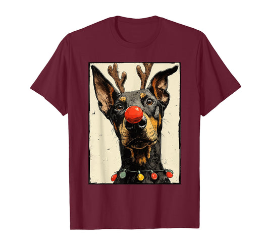 Funny Christmas Doberman Dog Holiday Lights Festive Animal T-Shirt