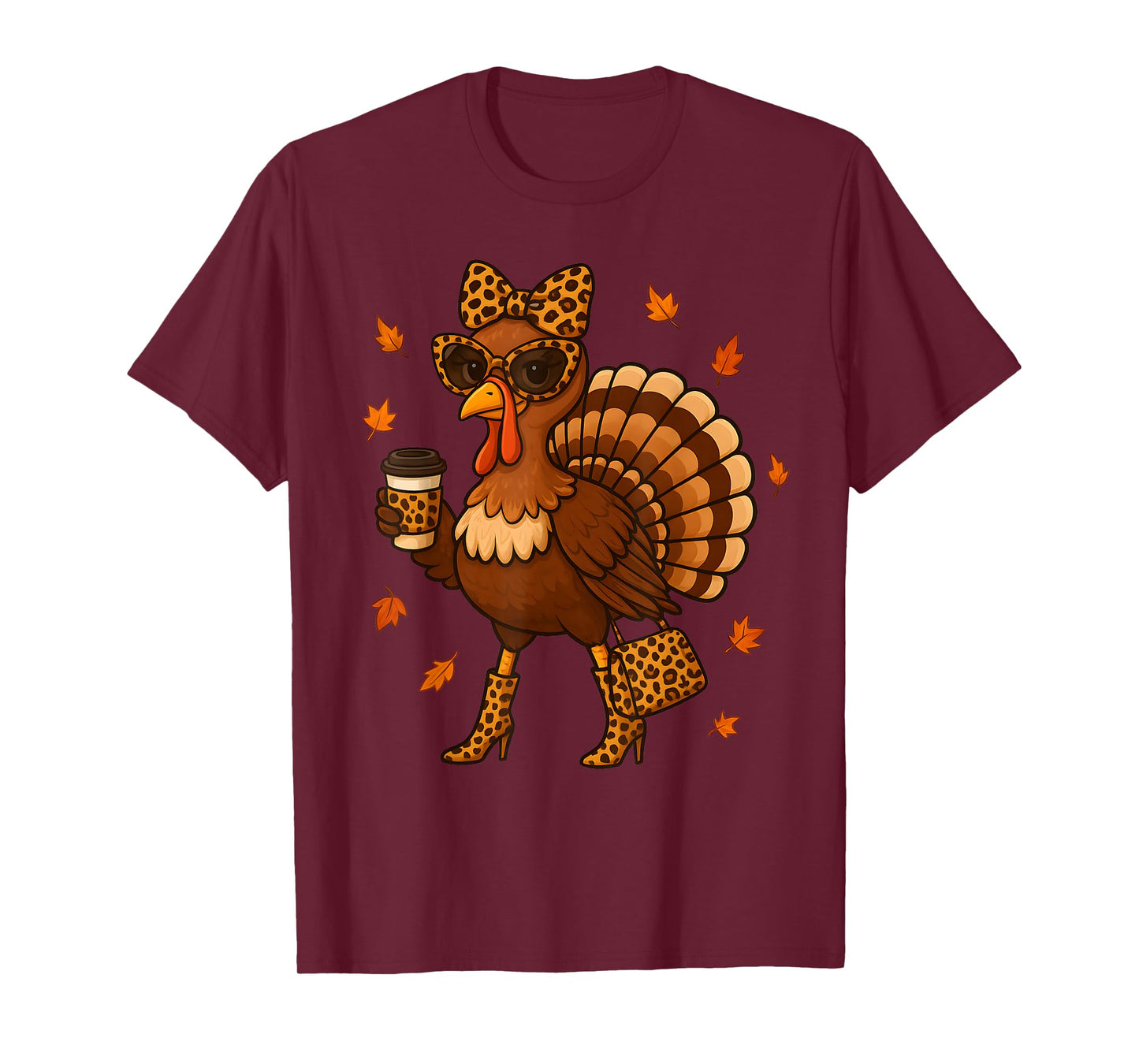 Leopard Turkey Drinking Coffee Thanksgiving Women T-Shirt
