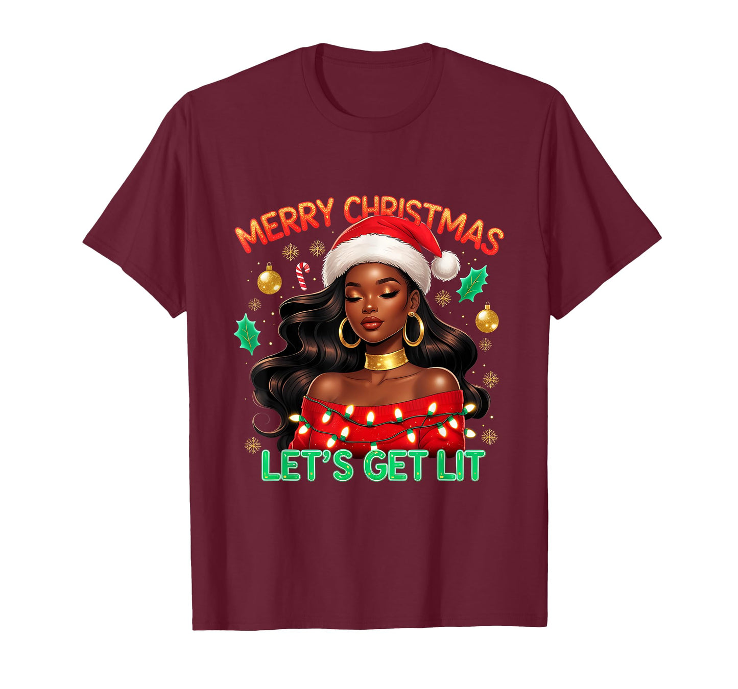 Christmas Melanin Afro Woman Queen Claus Santa Black Women T-Shirt