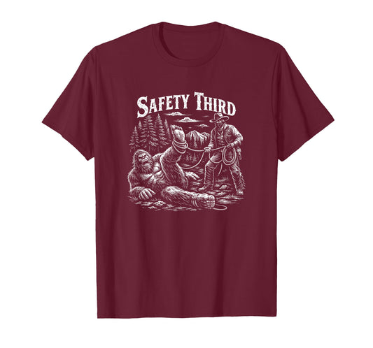 Funny Safety Third Bigfoot Cowboy Roping Sasquatch Rodeo T-Shirt