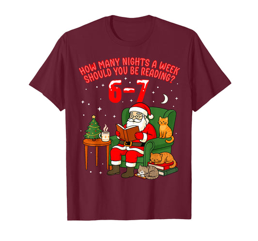 Santa Reading 67 Cat Christmas Six Seven Teacher Books 6 7 T-Shirt