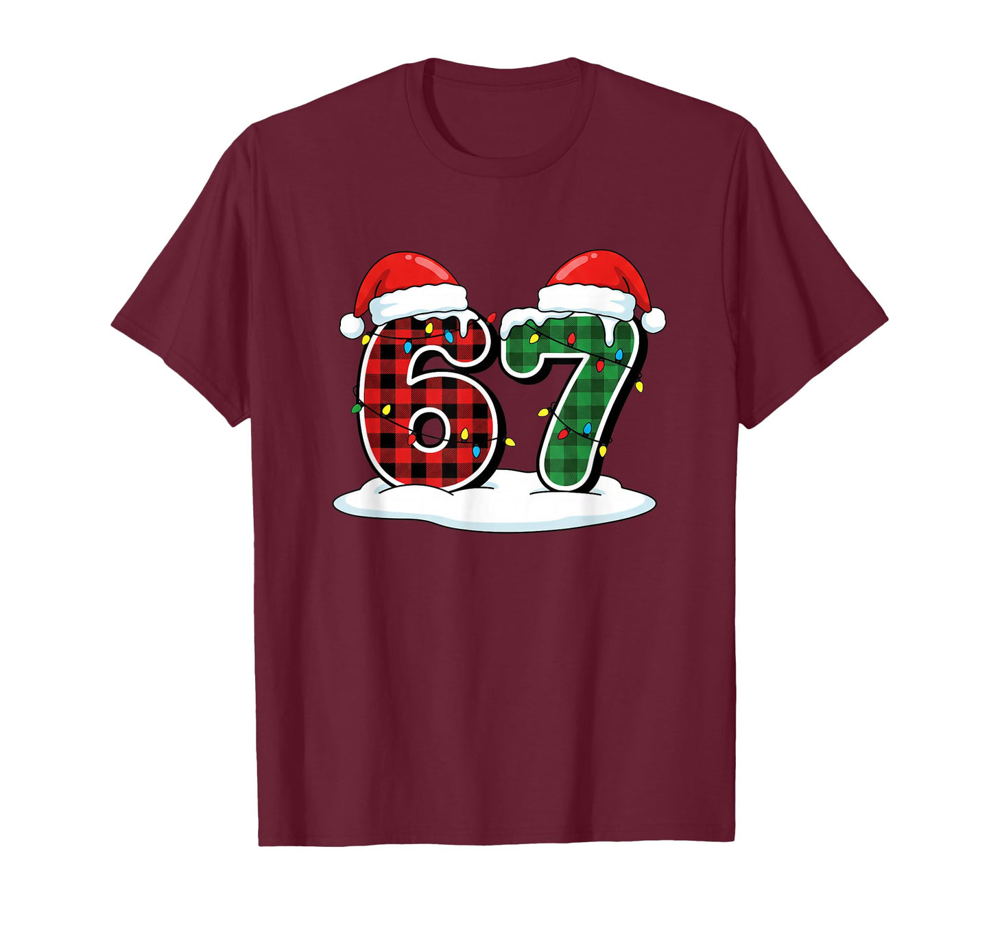 Christmas 67 Meme Six Seven Buffalo Plaid Santa Hats &Lights T-Shirt