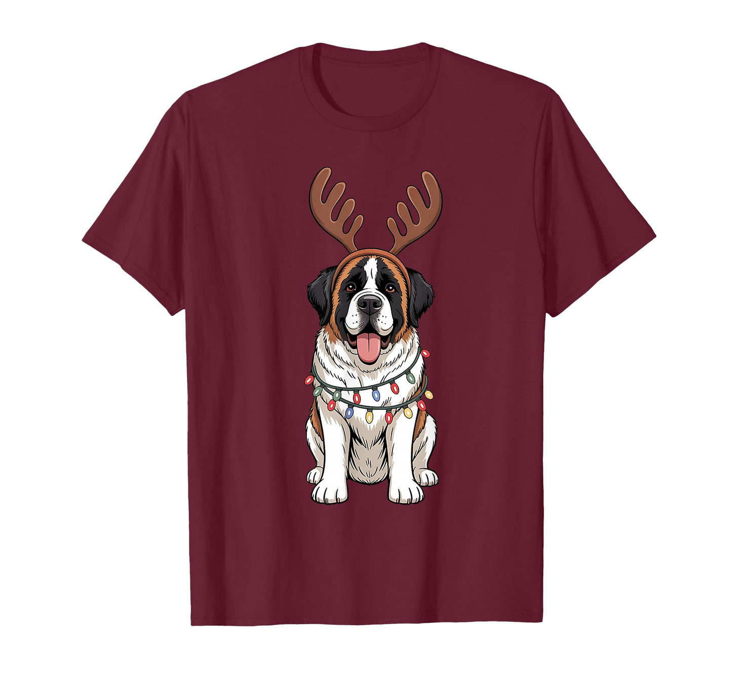Saint Bernard Dog Christmas Reindeer Lights Funny Xmas T-Shirt