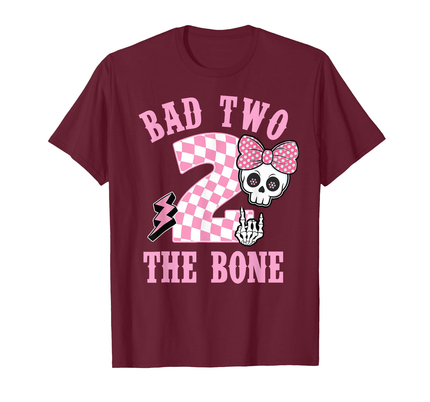 Bad Two The Bone Birthday 2 Years Old Pink Checkered Graphic T-Shirt