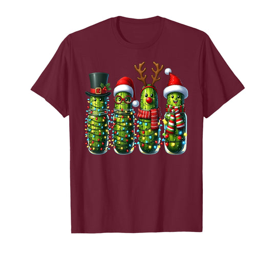 Retro Funny Christmas Pickles Santa Hat Reindeer Xmas Lights T-Shirt