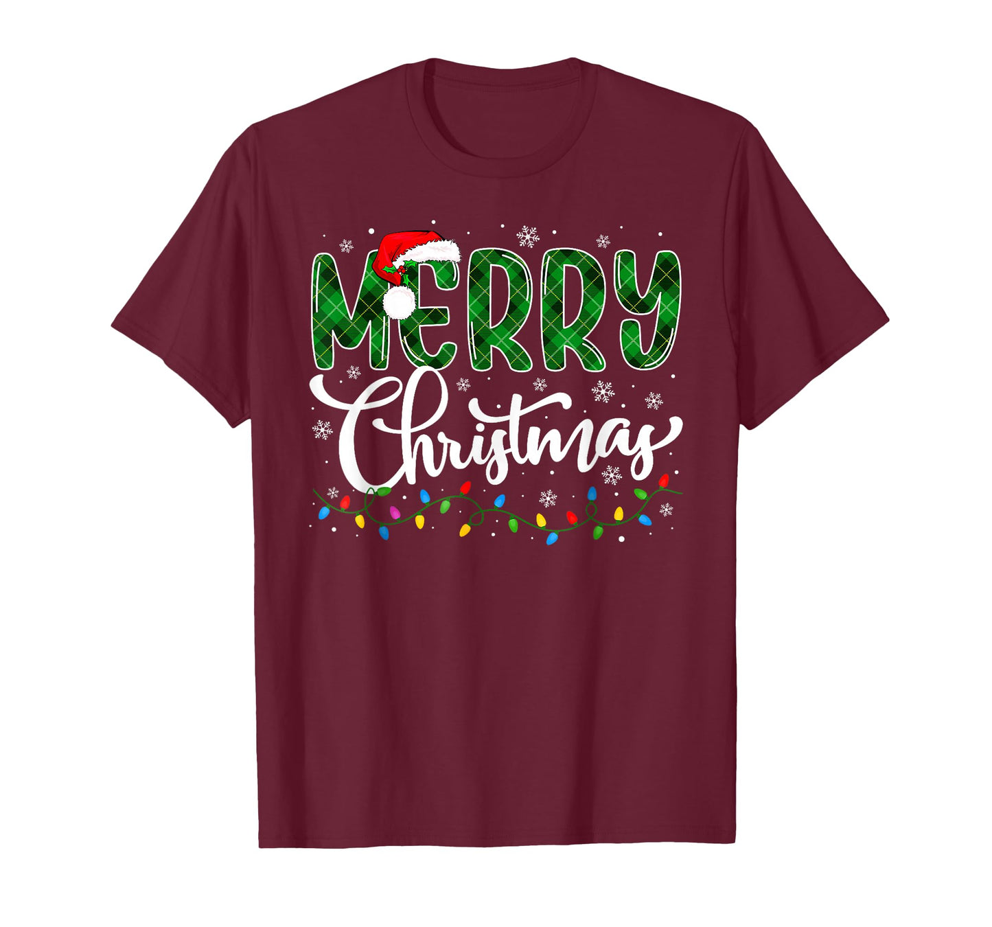Merry Christmas Green Buffalo Plaid Xmas Lights Family Santa T-Shirt