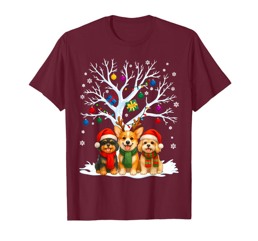 Cute Christmas Dogs with Snow Tree and Ornaments T-Shirt