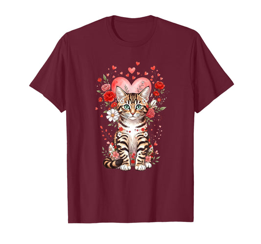 Bengal Cat Valentine Floral Heart for Cat Lovers T-Shirt
