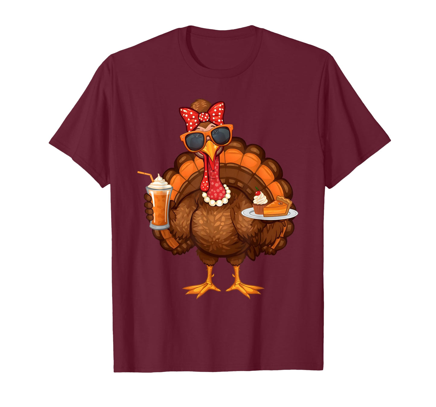 Turkey Drinking Coffee Bow Thanksgiving Womens Turkey Day T-Shirt
