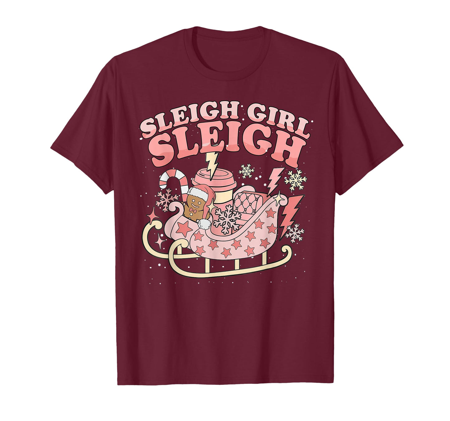 Christmas Gingerbread Pink Sleigh Girl Xmas Girls Kids Women T-Shirt
