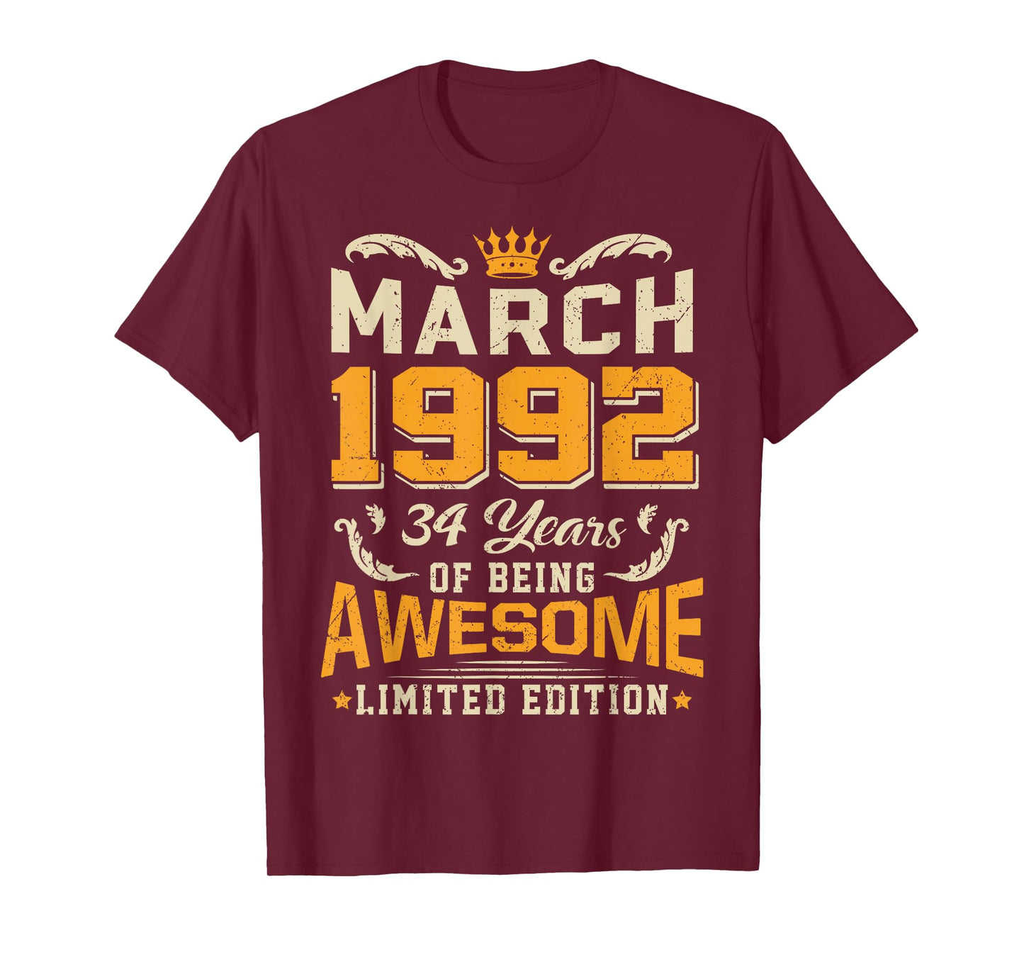 March 1992 Vintage 34 Years Awesome 34th Birthday Mar T-Shirt