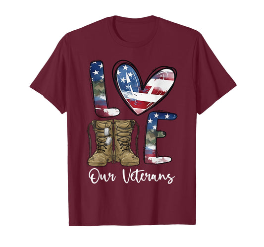Love Our Veterans Day Proud Military American Flag Thank You T-Shirt