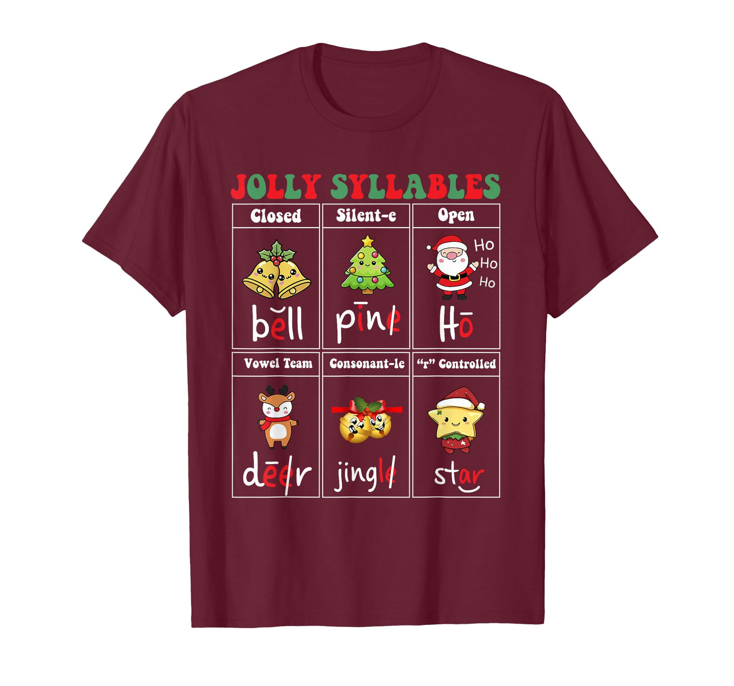 Christmas Jolly Syllables Teacher Students Funny Six Types T-Shirt