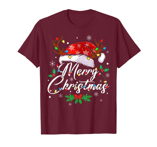 Merry Christmas Lights Red Santa Hat Xmas Family Men Women T-Shirt