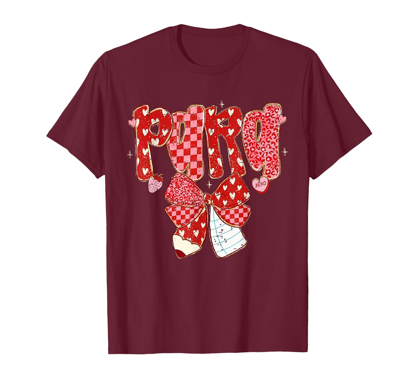Retro Checkered Coquette Bow Pencil para Teacher Valentine T-Shirt