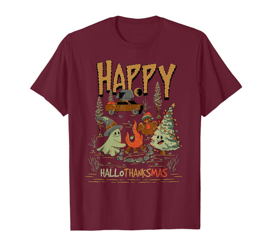 Happy HalloThanksMas Camping Ghost Turkey Tree Design T-Shirt