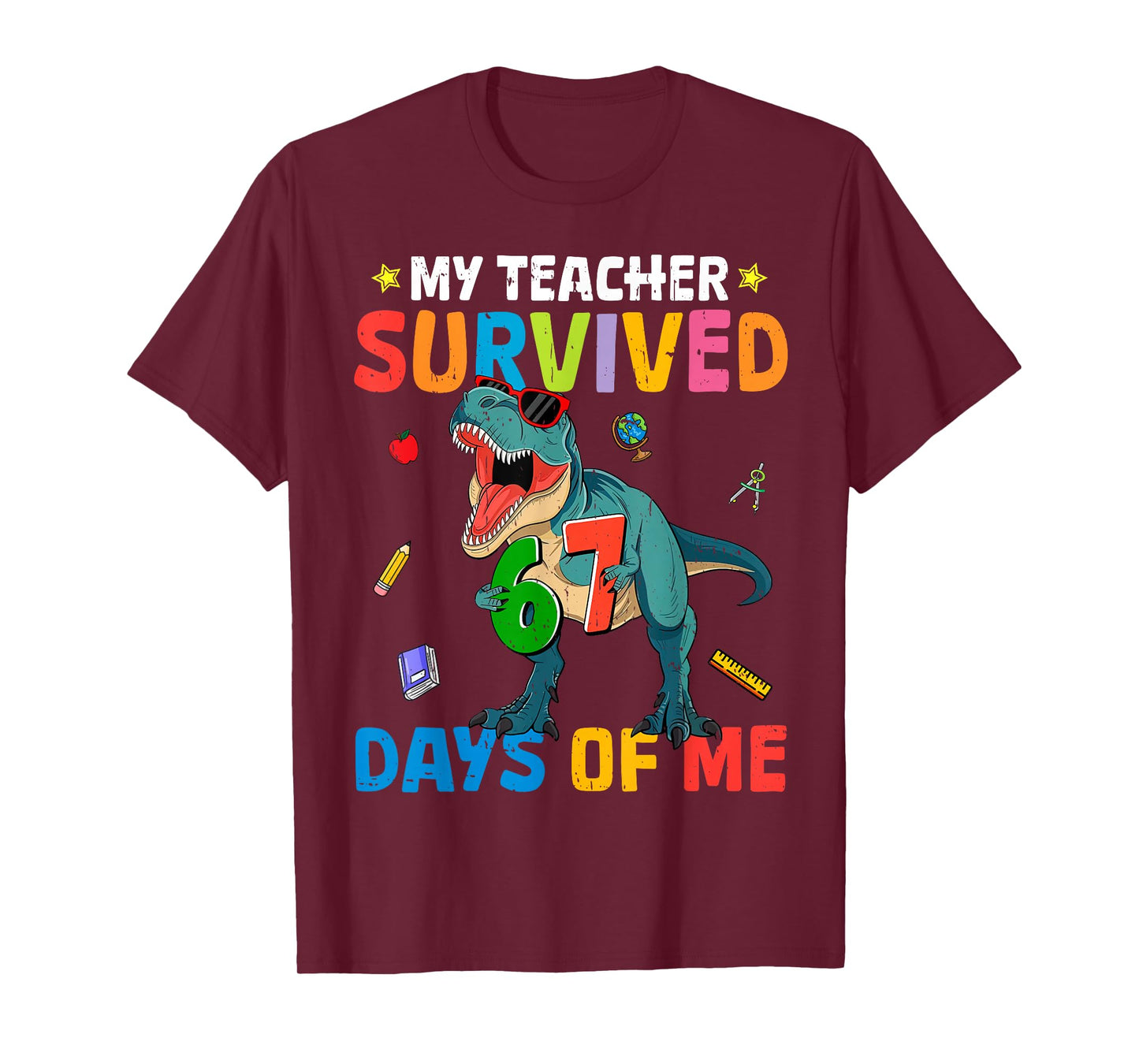 67th Day of School My Teacher Survived 67 Days Boys Dinosaur T-Shirt