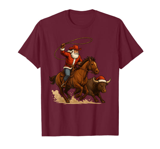 Santa Claus Cowboy Vintage Western Christmas Pajamas Xmas T-Shirt