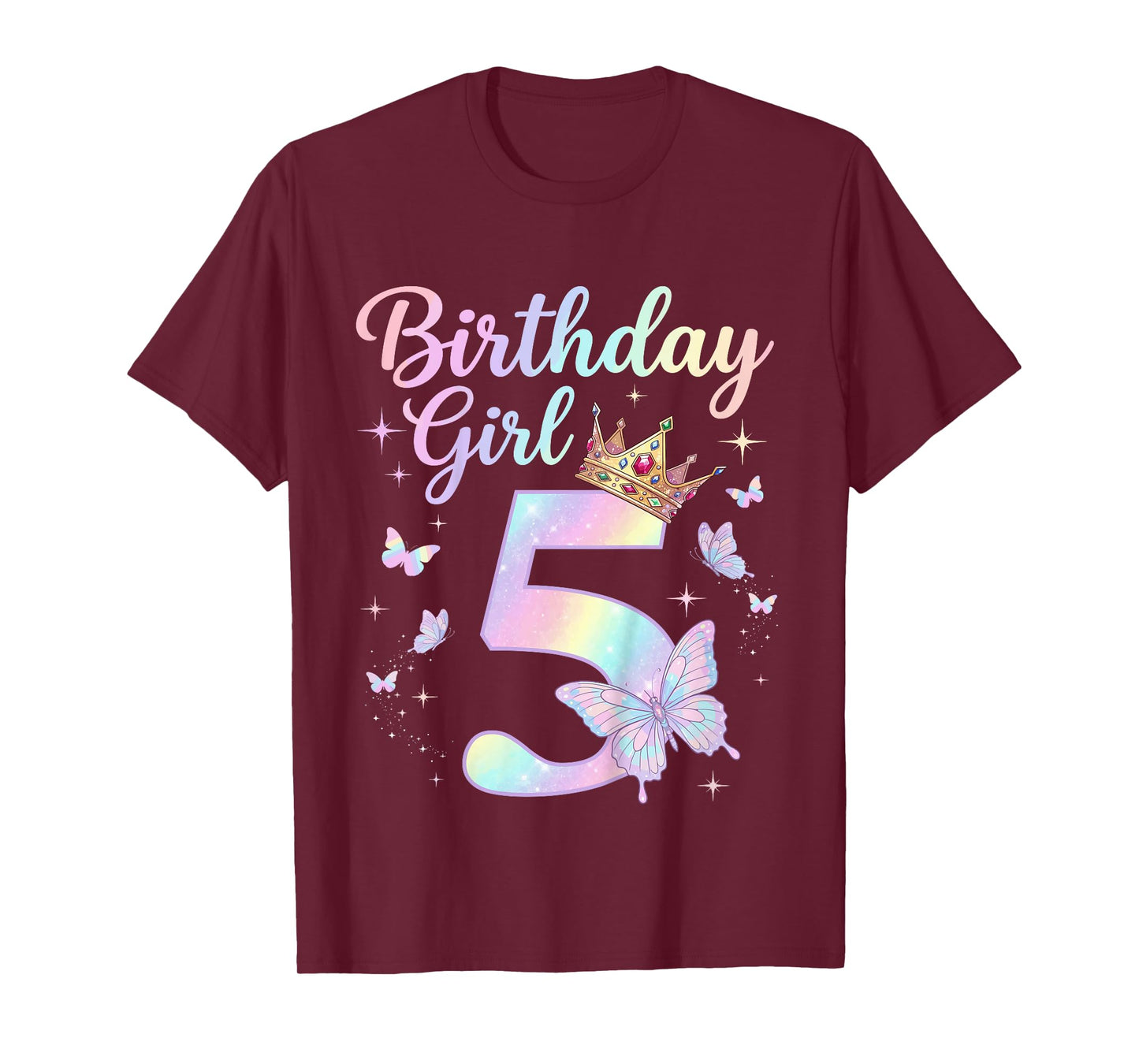 Kids 5th Birthday Shirt Girl Five 5 Year Old Butterfly Birthday T-Shirt