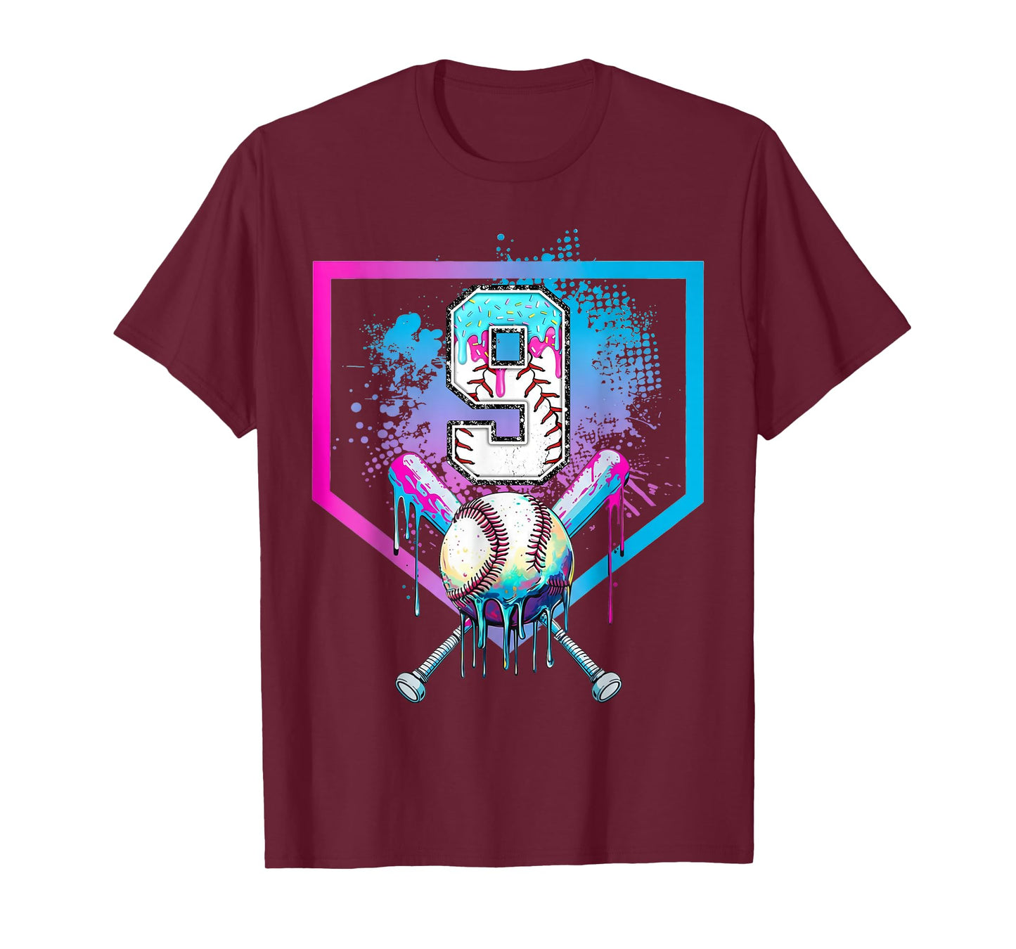 Baseball 9th Birthday Ice Cream Drip 9 Year Old Birthday Boy T-Shirt