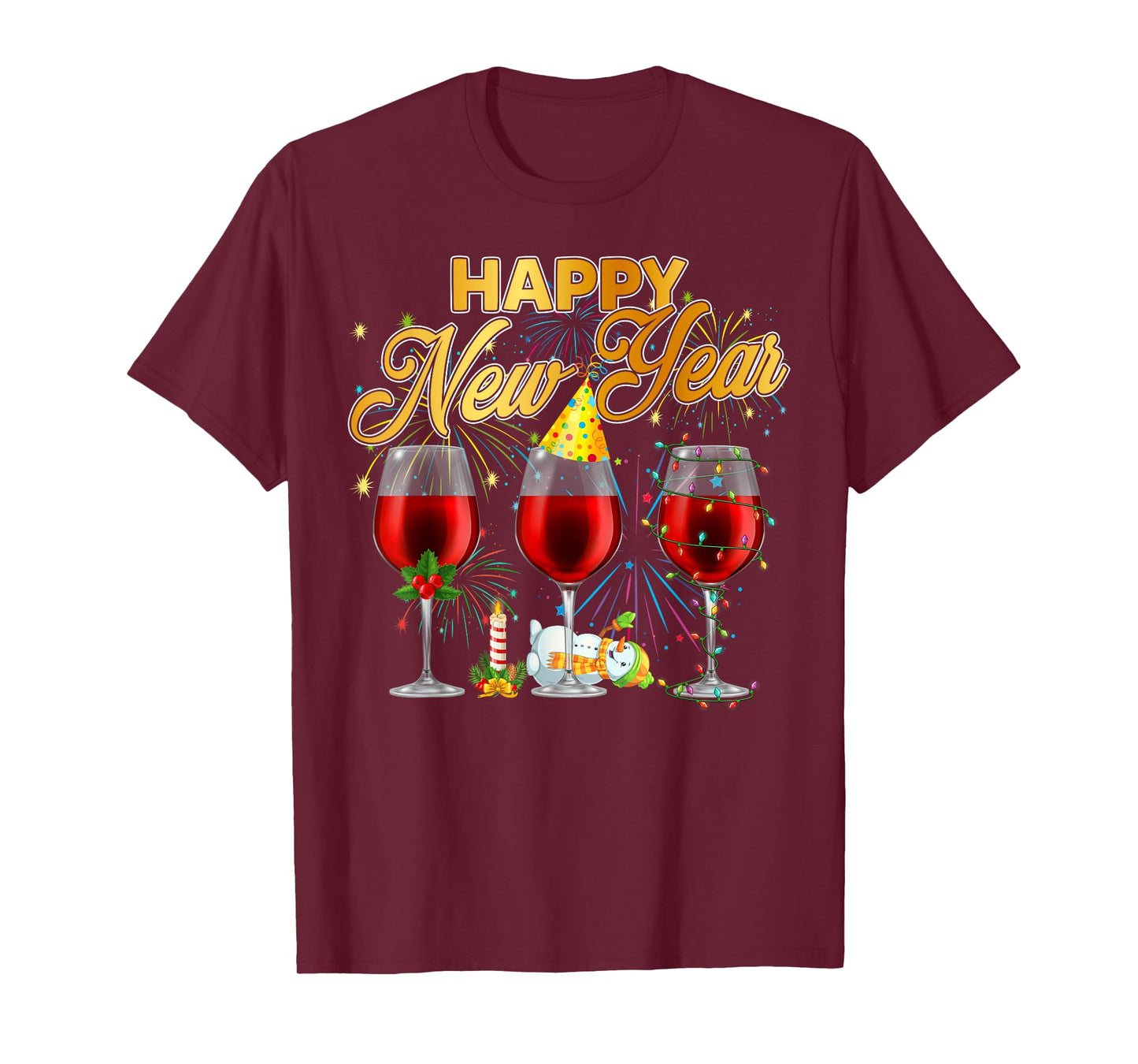 Happy New Year 2026 Glasses of Wine Fireworks New Years Eve T-Shirt