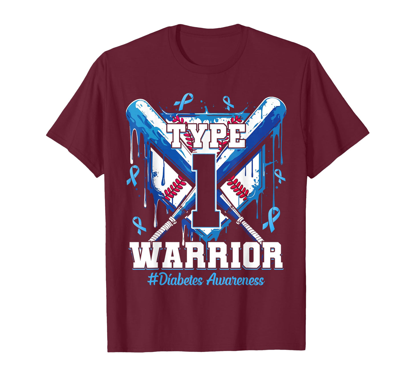T1D Warrior Baseball Drip Diabetes Awareness Blue Ribbon T-Shirt