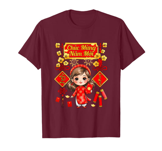 Mung NAM Moi New Year Vietnamese Kid Girl Wearing Ao Dai T-Shirt