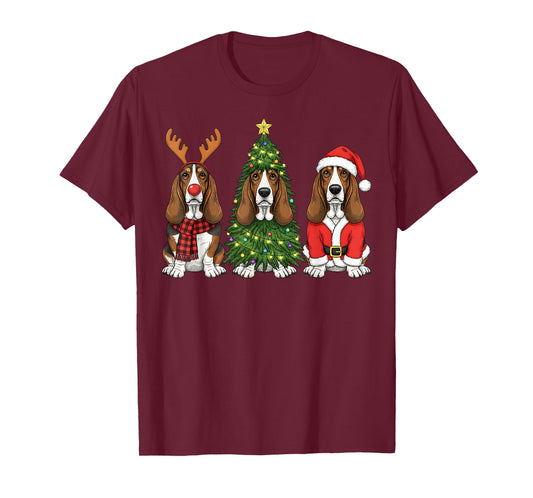 Retro Christmas Basset Hound Santa Reindeer Dog Lover T-Shirt