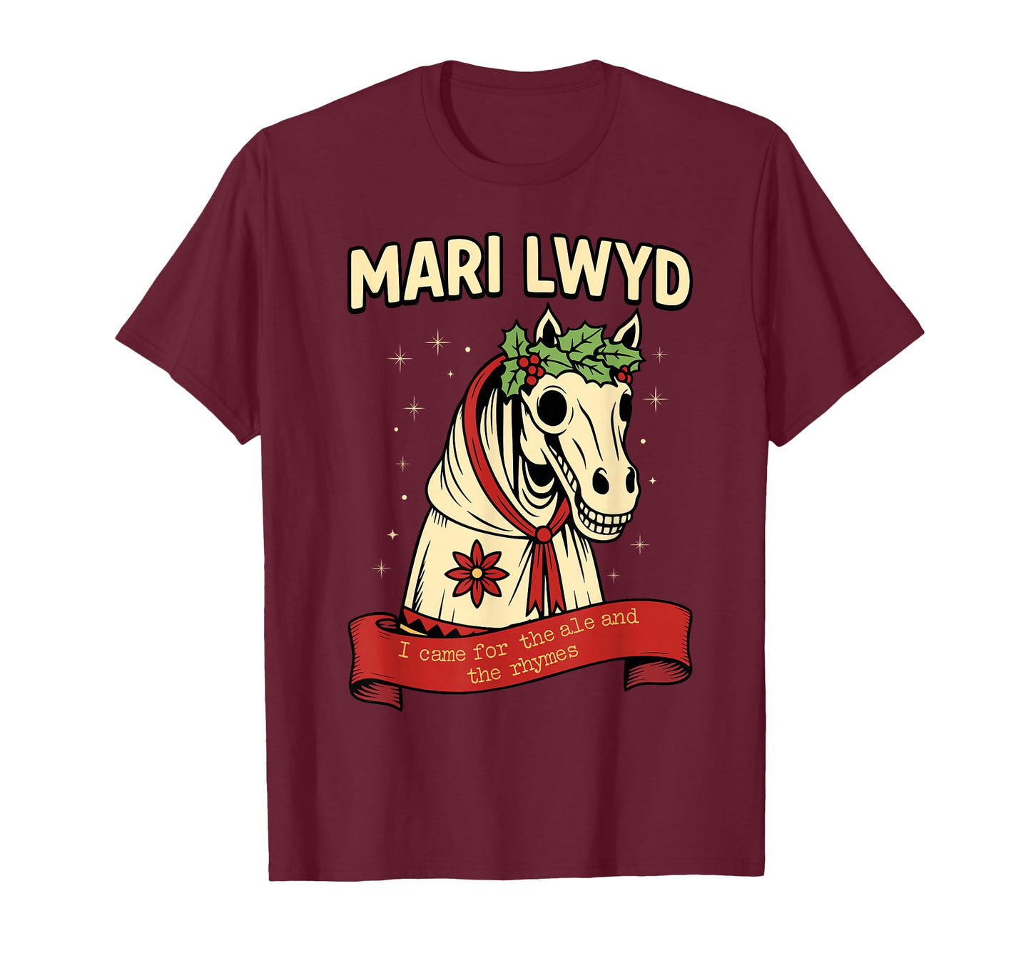 Retro Funny Folklore Skeleton Horse Mari Lwyd Yule Christmas T-Shirt