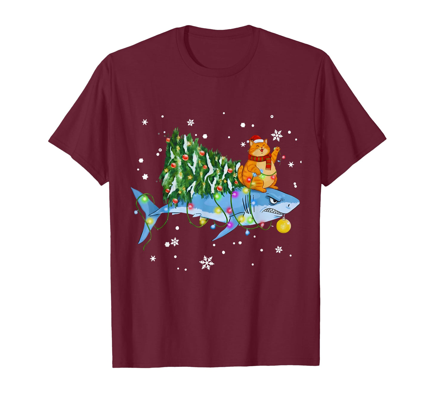 Funny Christmas Shark Cat Tree Lights Sharkmas Tree Xmas Tee T-Shirt