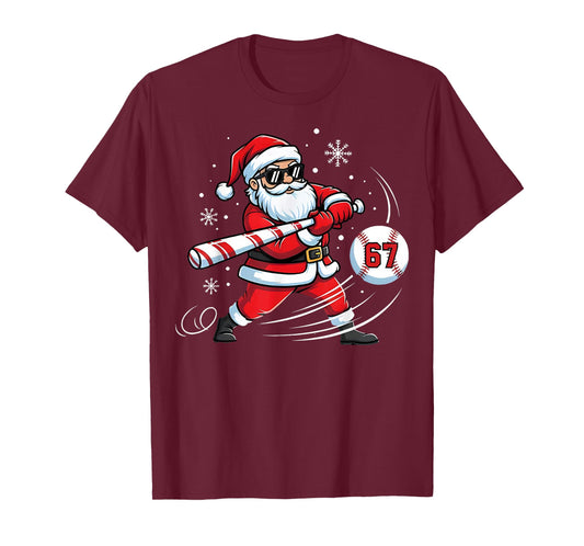 Santa Sports 67 Design for Boys Christmas Baseball Player T-Shirt