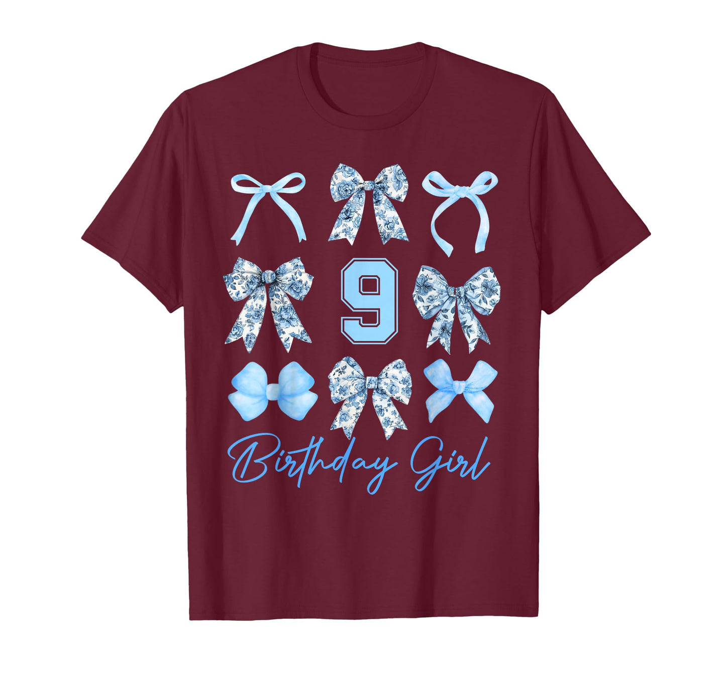 9th Birthday Girl Blue Toile Coquette Bow 9 Year Old Family T-Shirt