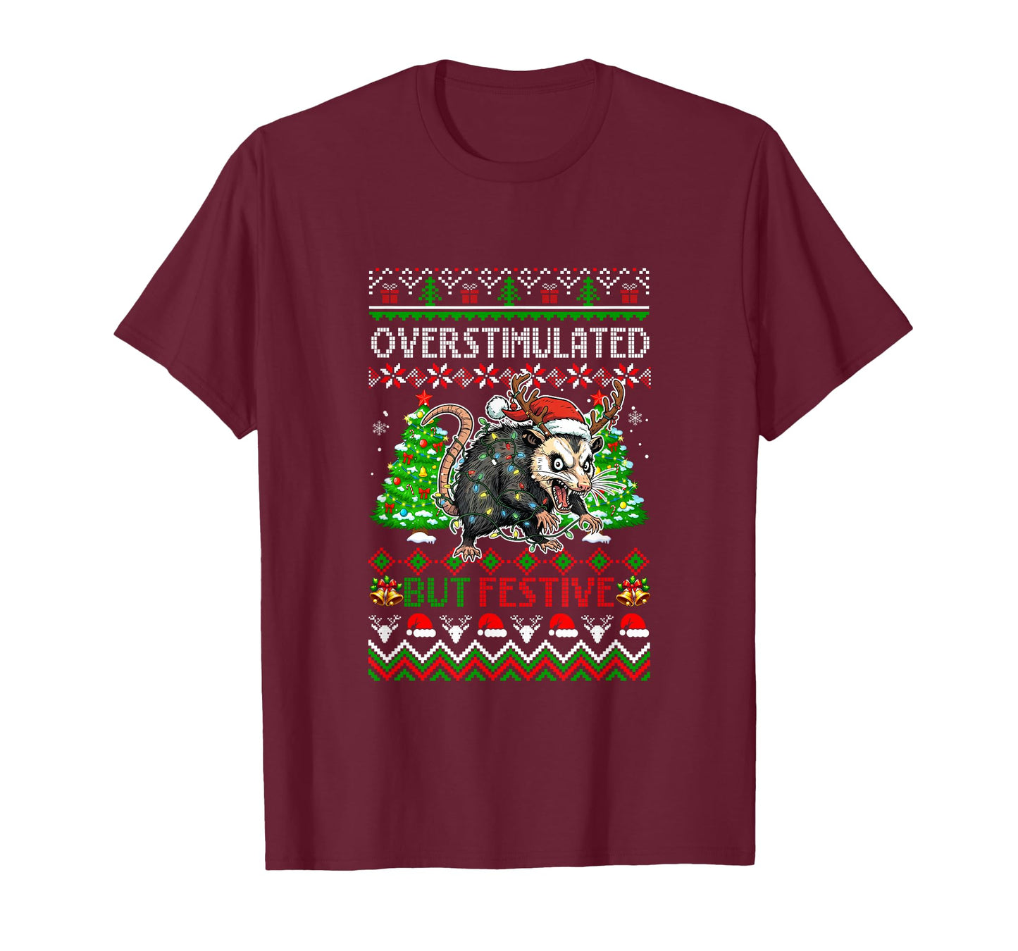 Overstimulated But Festive Christmas Sweater Santa Opossum T-Shirt