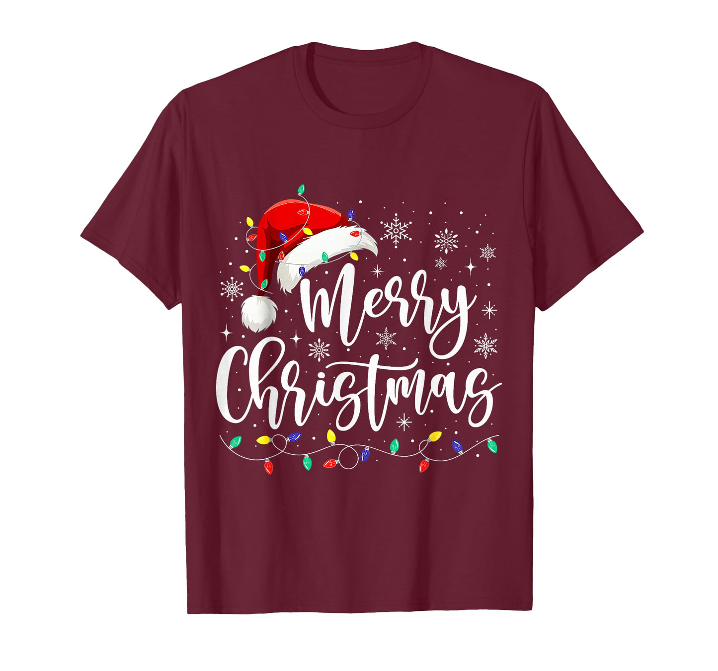 Merry Christmas Lights Red Santa Hat Xmas Family Men Women T-Shirt