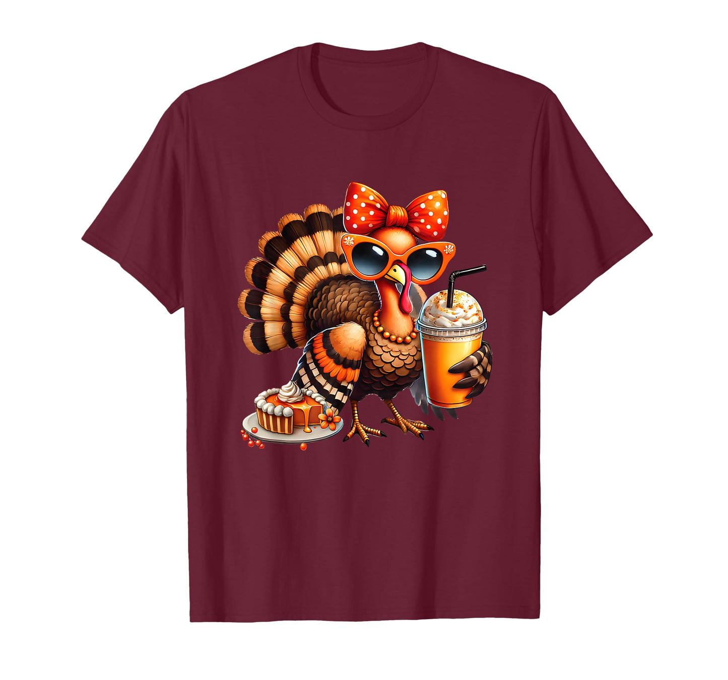 Turkey Drinking Coffee Bow Thanksgiving Womens Turkey Day T-Shirt