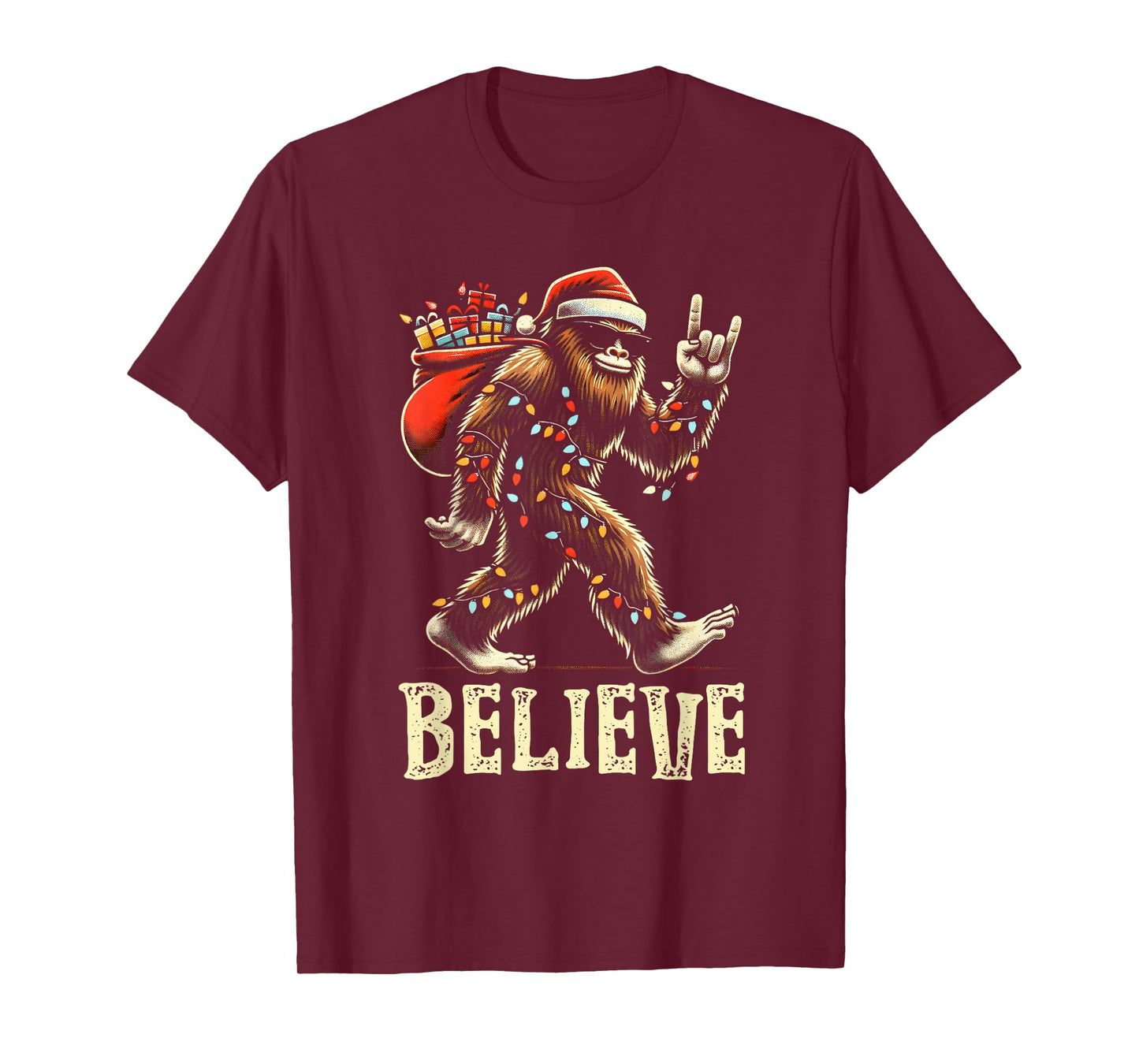 Believe Bigfoot Sasquatch Santa Reindeer Christmas Tree Xmas T-Shirt