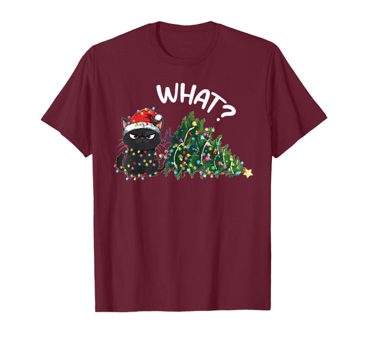 Funny Black Cat What? Christmas Tree Funny Cat Lover T-Shirt