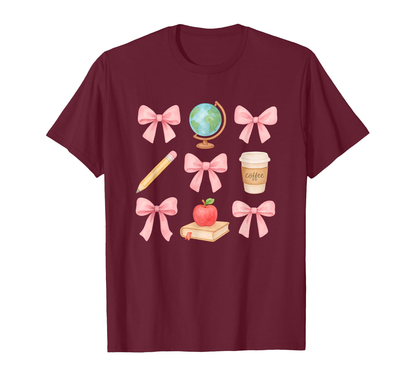 Cute Pink Bows Apple Globe Pencil Coffee Teacher Design T-Shirt