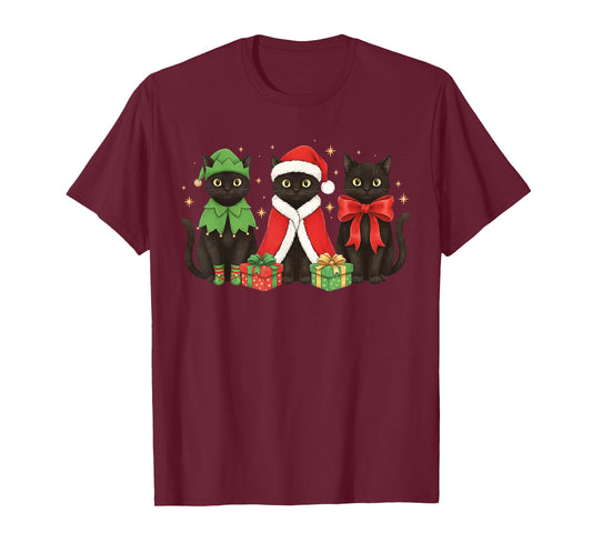 Retro Black Cat Christmas Holiday X-Mas Funny Santa Hat Elf T-Shirt