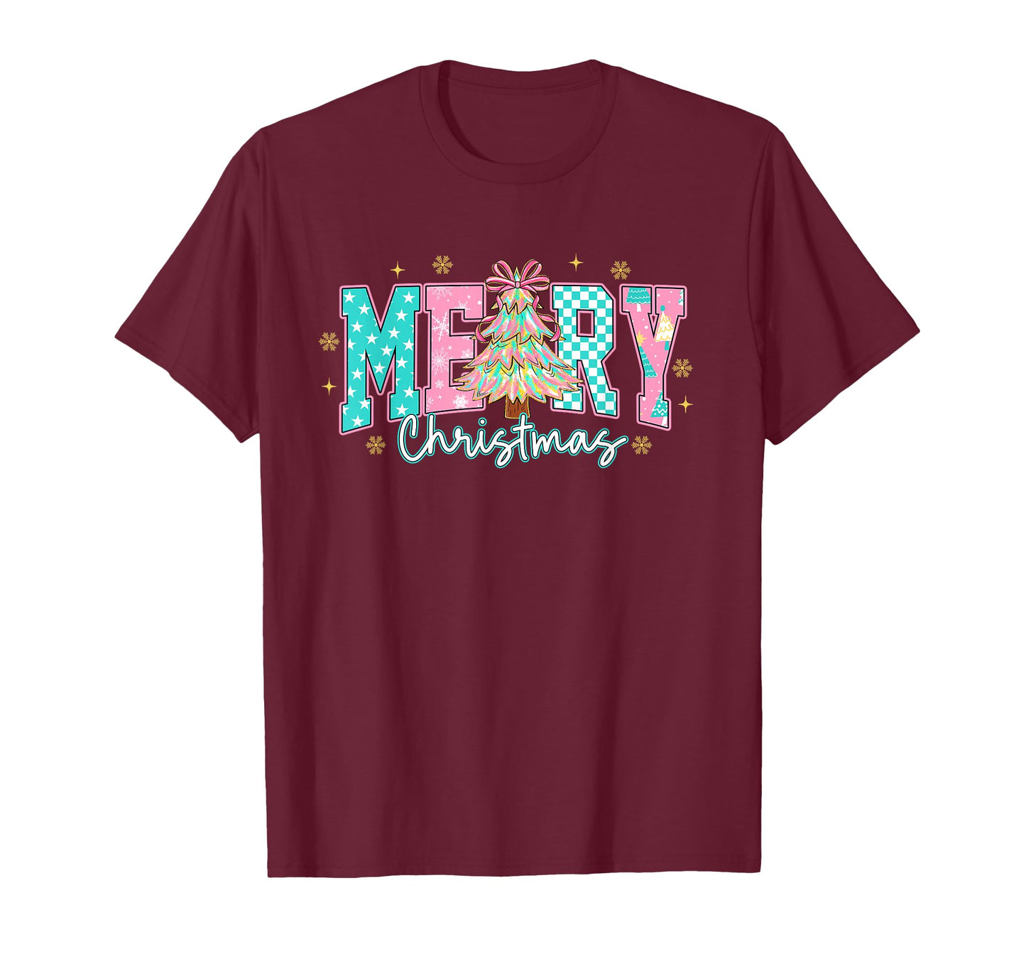Cute Pastel Merry Christmas Retro Pink Teal Tree Gift T-Shirt