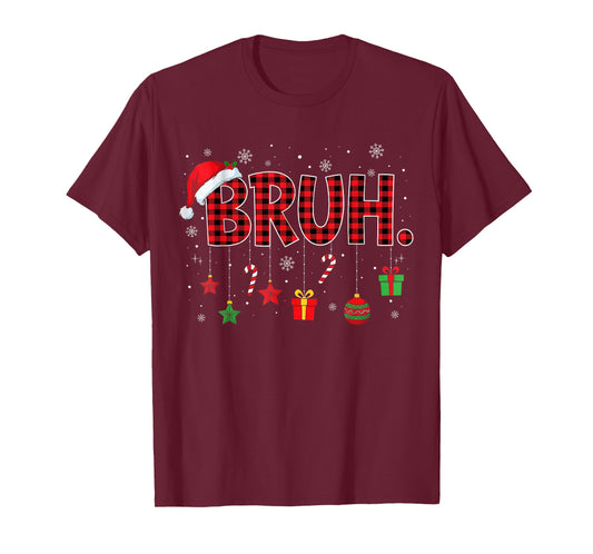 Bruh Funny Christmas Red Plaid Teens Boys Kids Xmas Pajamas T-Shirt