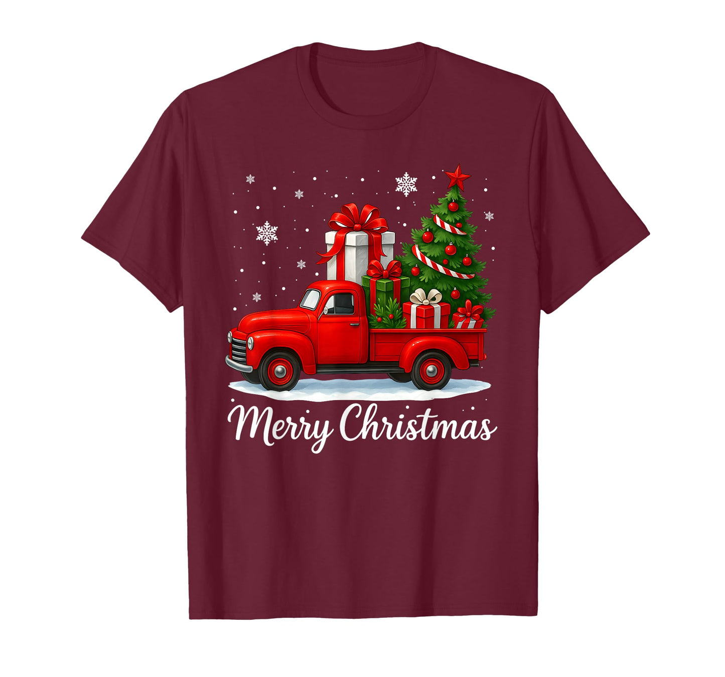 Vintage Merry Christmas Red Truck Funny Xmas Tree Boys Men T-Shirt