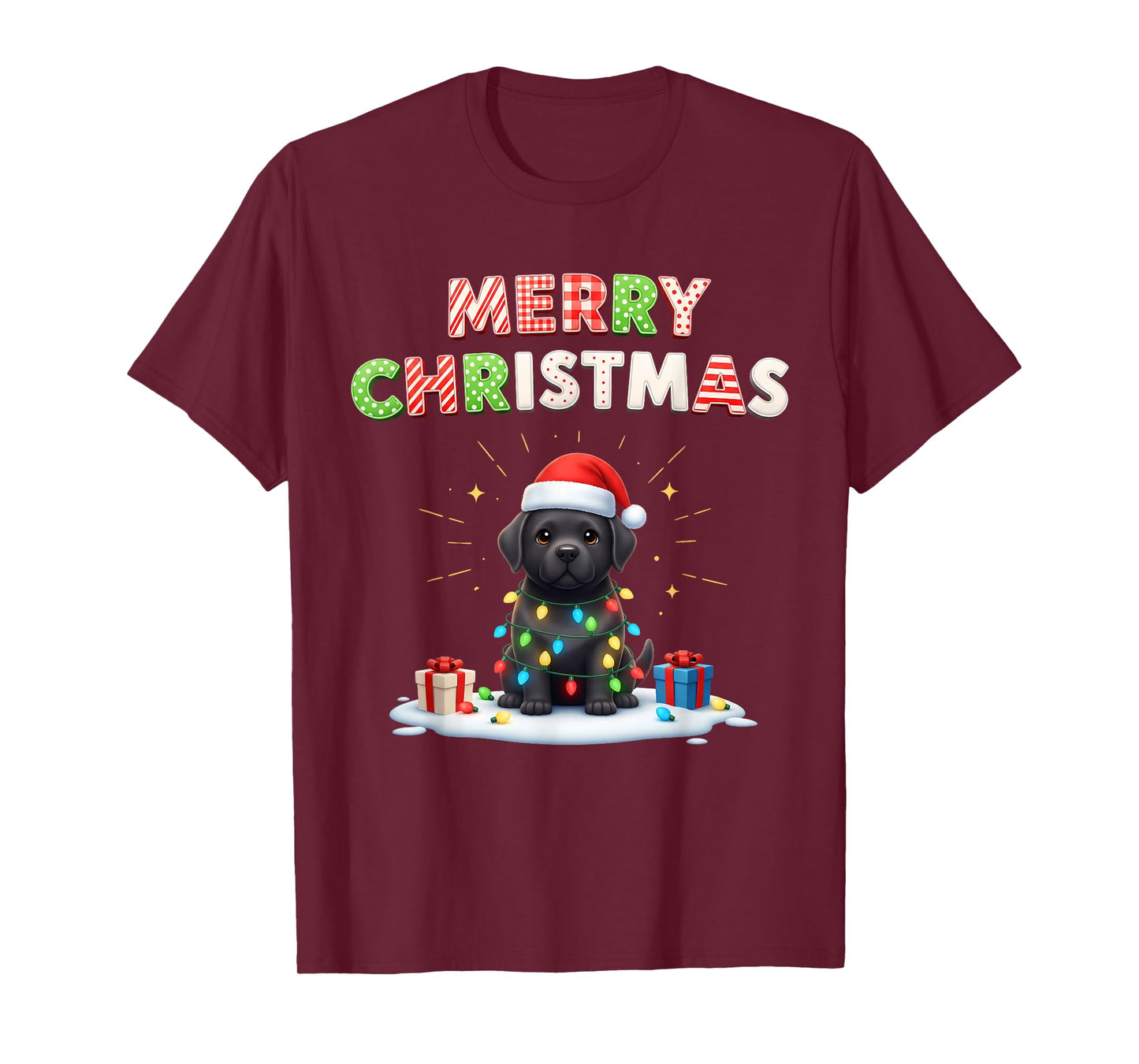 Black Lab Labrador Puppy Christmas Lights Cute Pajama Xmas T-Shirt