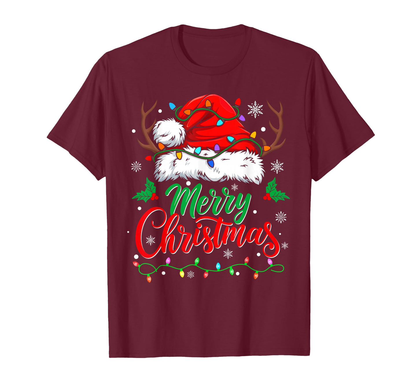 Merry Christmas Lights Red Santa Hat Xmas Family Men Women T-Shirt