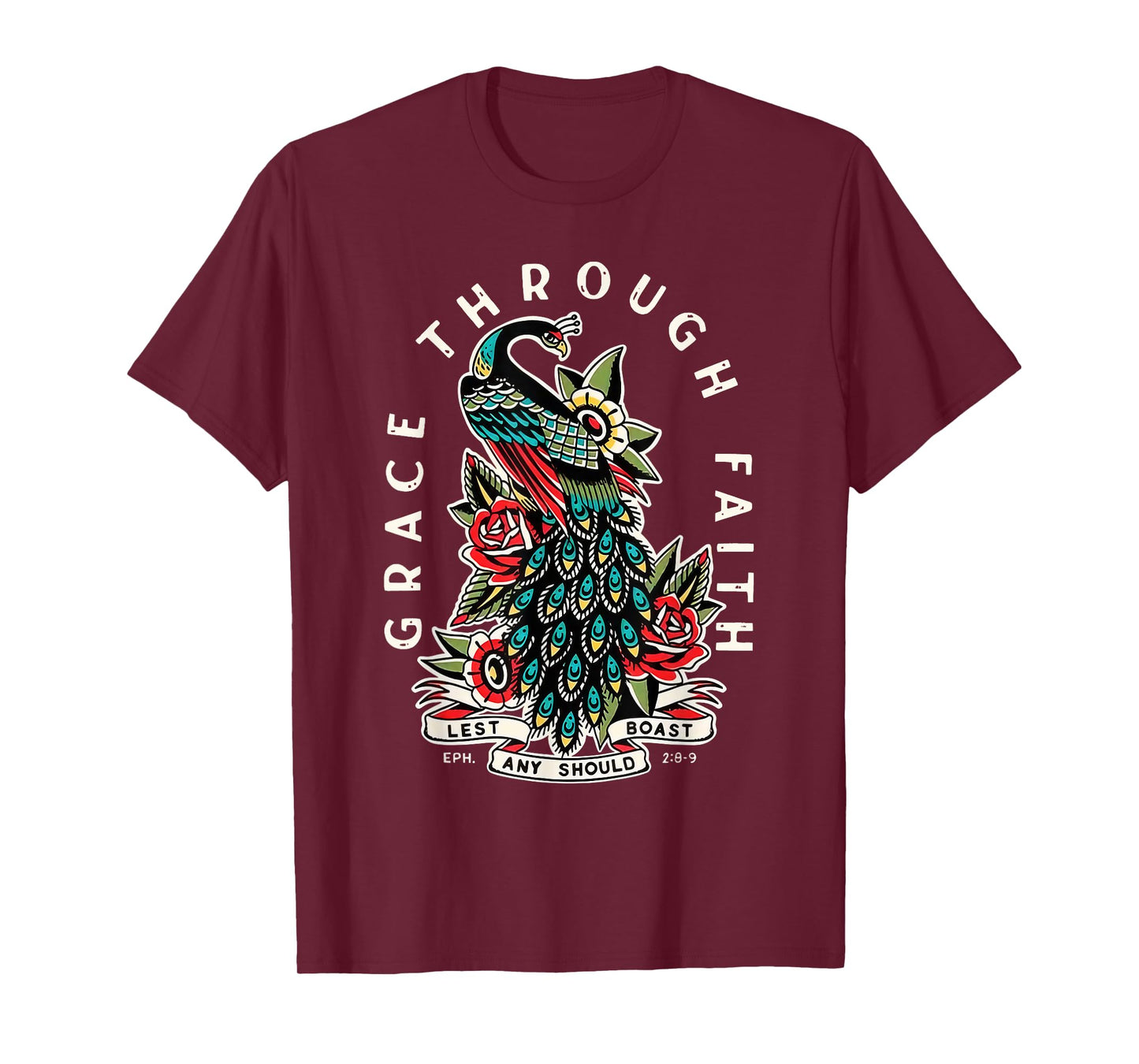 Grace Through Faith Lest Any Should Boast Peacock Christian T-Shirt