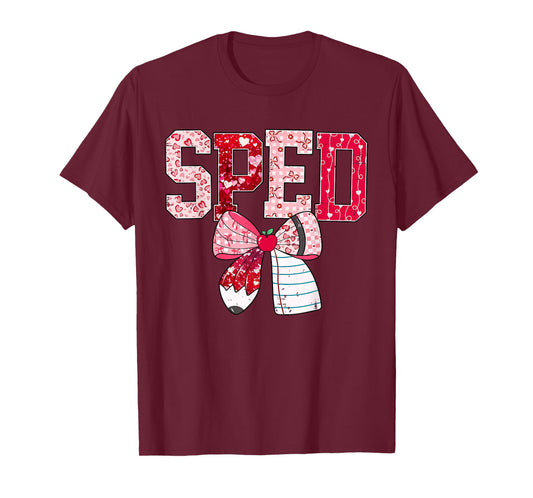 Coquette Bow Pencil Funny Sped Teacher Valentine Red Hearts T-Shirt